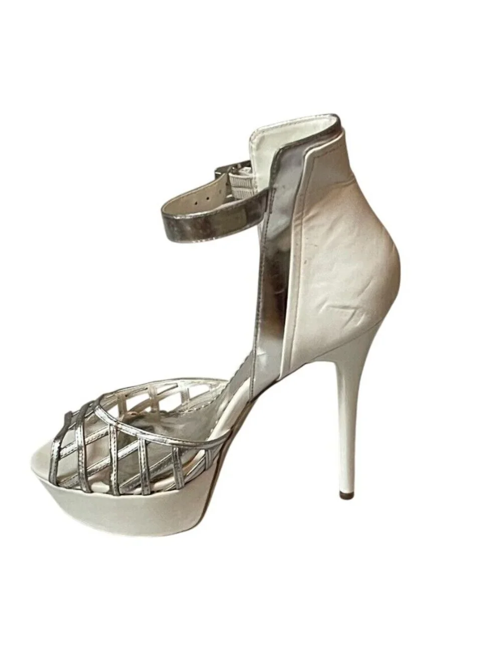Bebe White & Silver Strappy Leather Platform Heels With Ankle Strap - Size 9